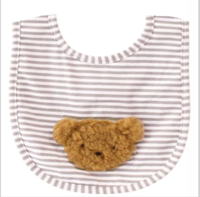 tan and ivory stripe bib with caramel color sherpa bear face on the front of the bib