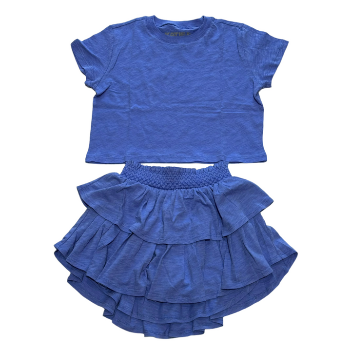 periwinkle set in cotton, ruffled layered skirt and cotton short sleeve top that hits at the waist. 