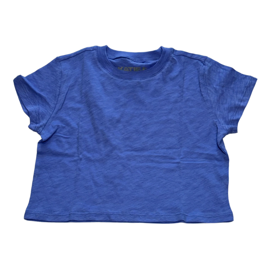 boxy cropped tee in periwinkle blue/purple color. short sleeves 