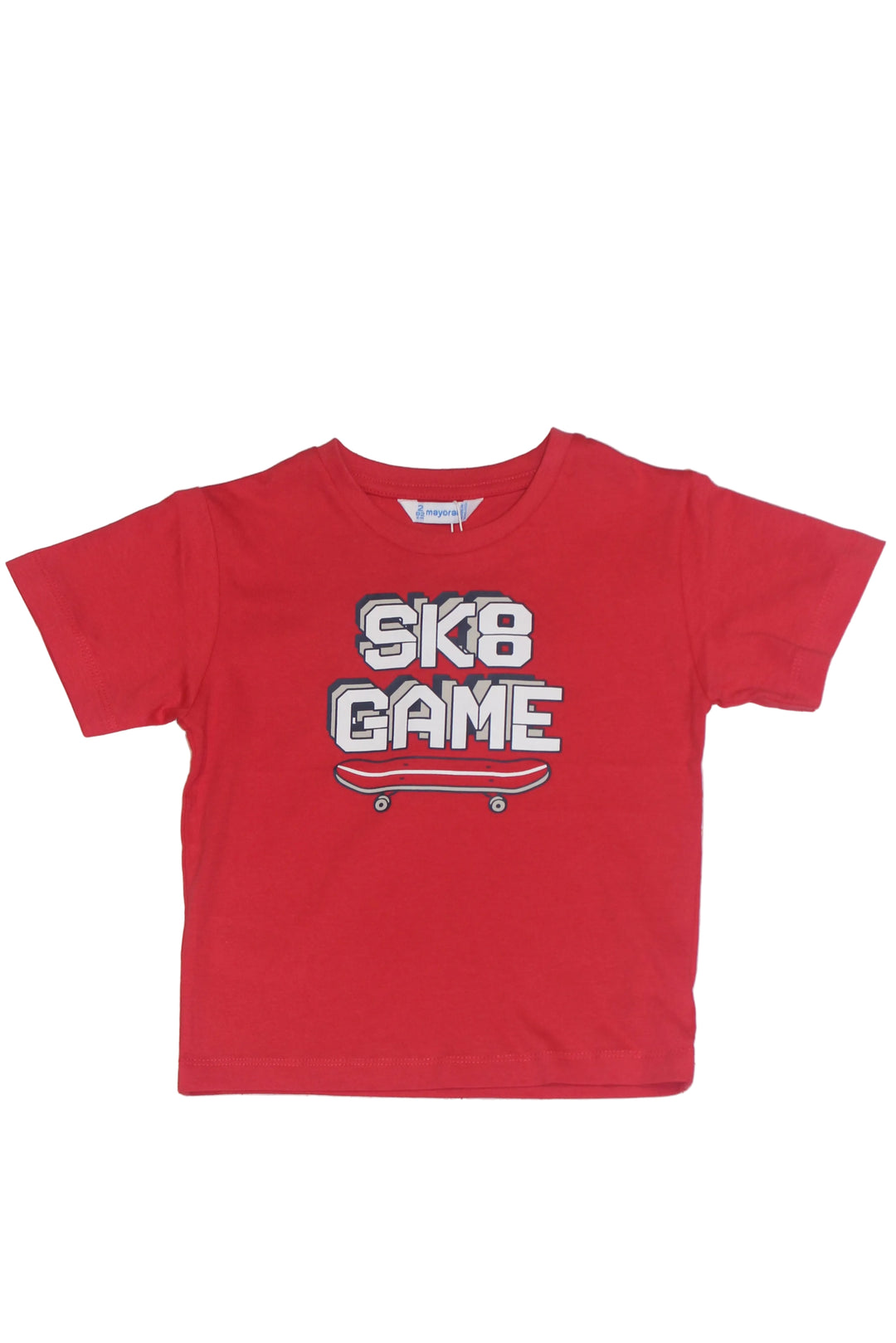 Red t-shirt with 'SK8 GAME' text on the front 