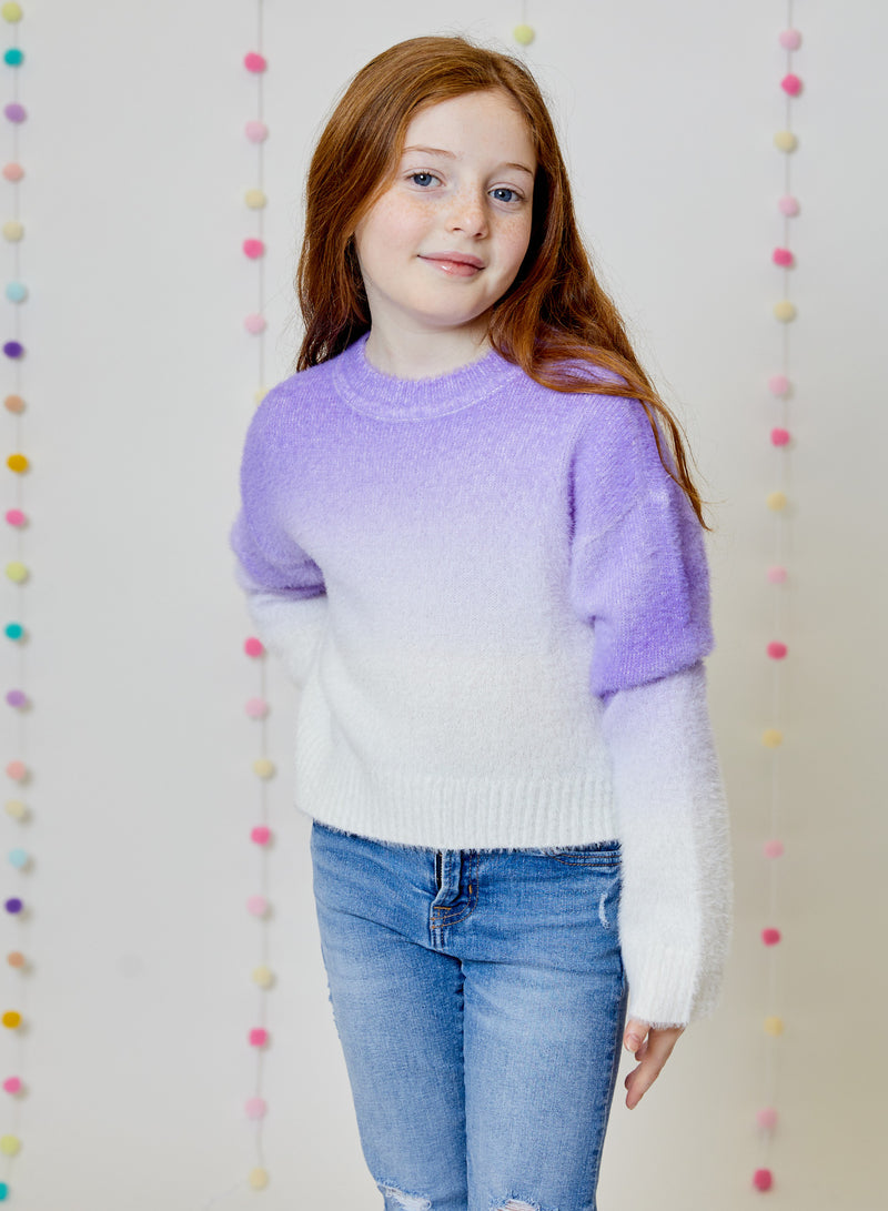 Girl wearing Design history crewneck sweater in Lilac Combo/ Ombre effect.