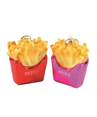 holiday ornament made of glass shaped like french fries, one container of the fries is pink and one is red. 