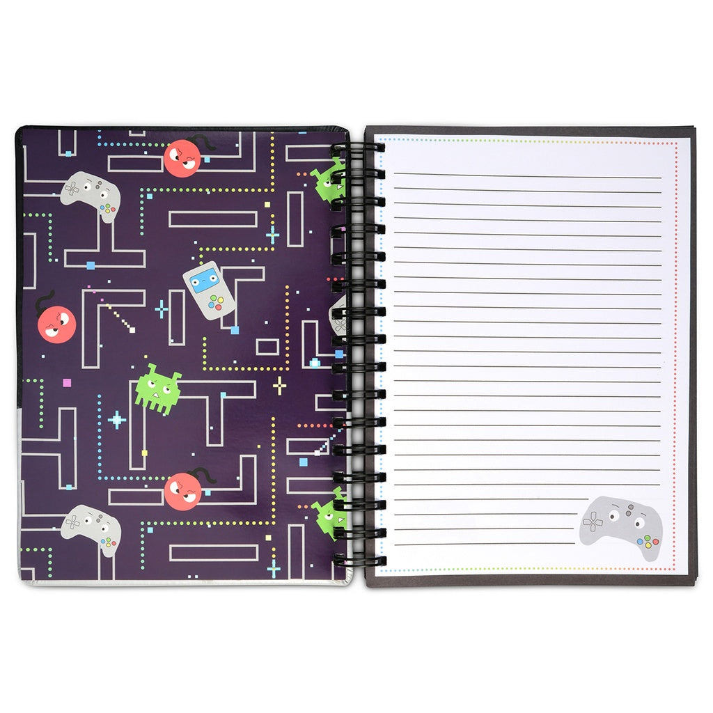 Notebook with retro gaming design on cover and lined pages inside