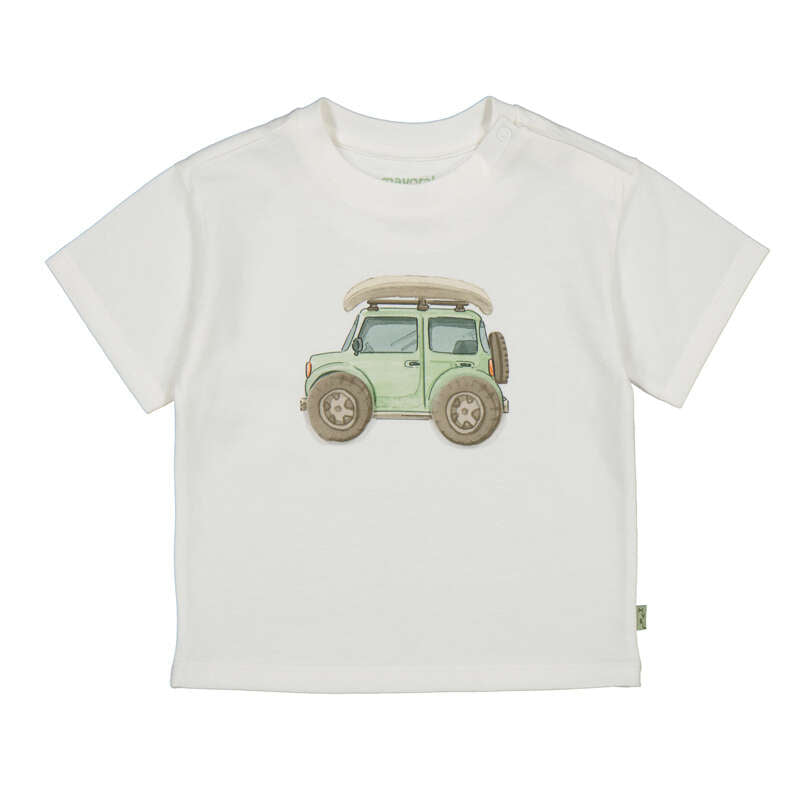 White t-shirt with a green car graphic on a white background