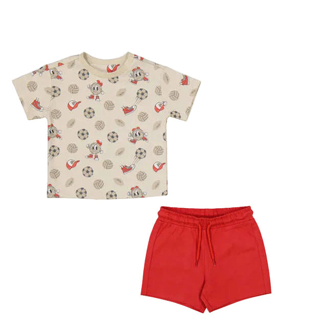 sports ball and sneaker print and red shorts 