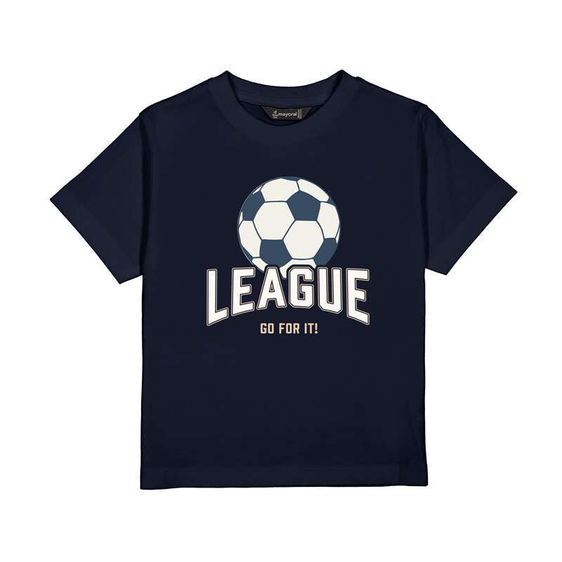 Navy blue t-shirt with soccer ball graphic and 'League Go For It!' text on a white background