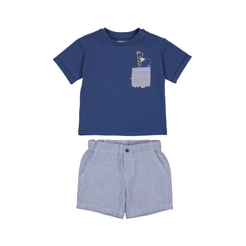Children's blue t-shirt and shorts set on a white background