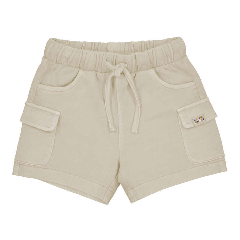 Beige cargo shorts with a drawstring on a white background