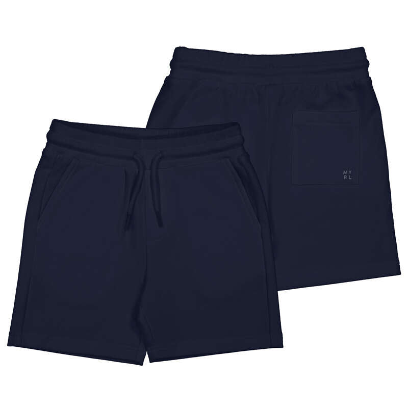 pair of navy blue shorts on a white background