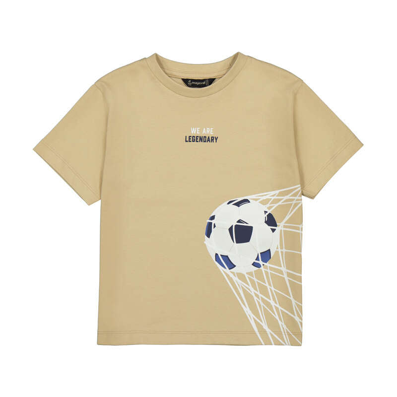 Beige t-shirt with soccer ball and net graphic on a white background