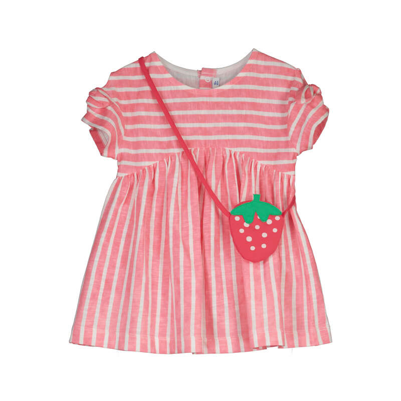 Coral and white striped dress with a strawberry-shaped bag on a white background