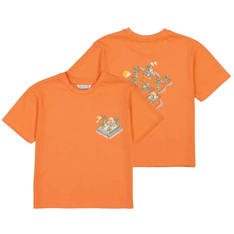 Orange t-shirt with front and back graphics on a white background