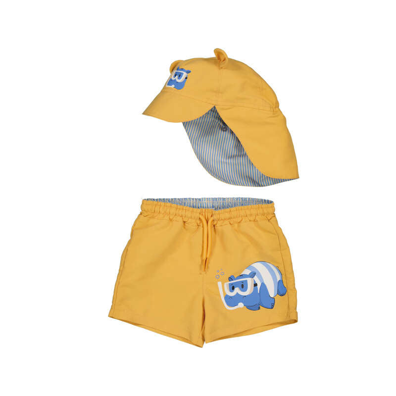Yellow children's swim hat and shorts set with blue character design on a white background