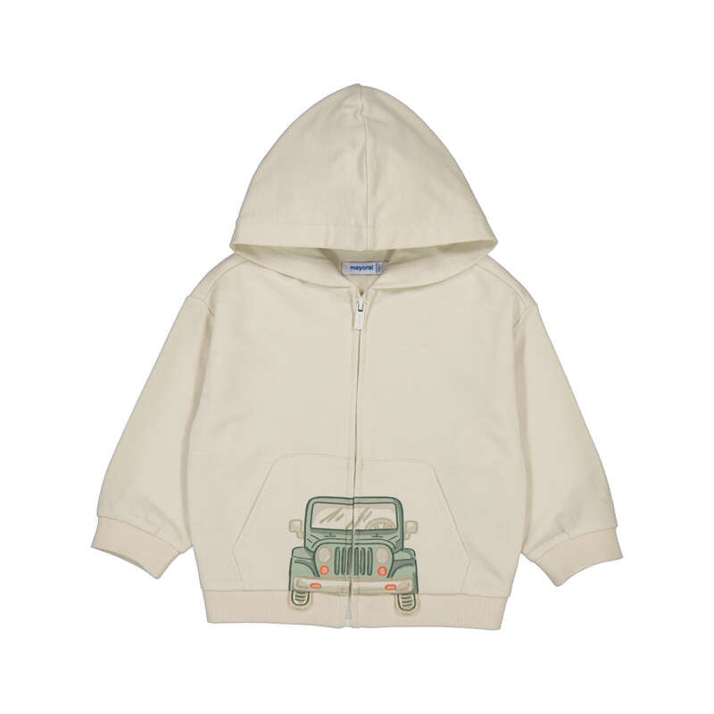Beige hoodie with a green car design on a white background