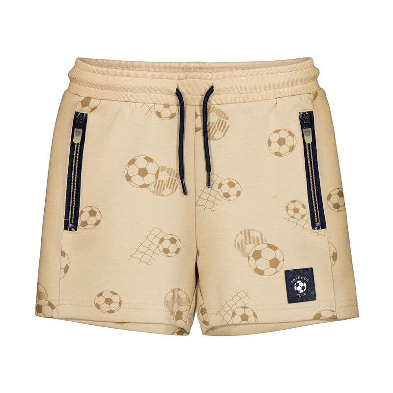 Beige shorts with soccer ball pattern and zippers on a white background