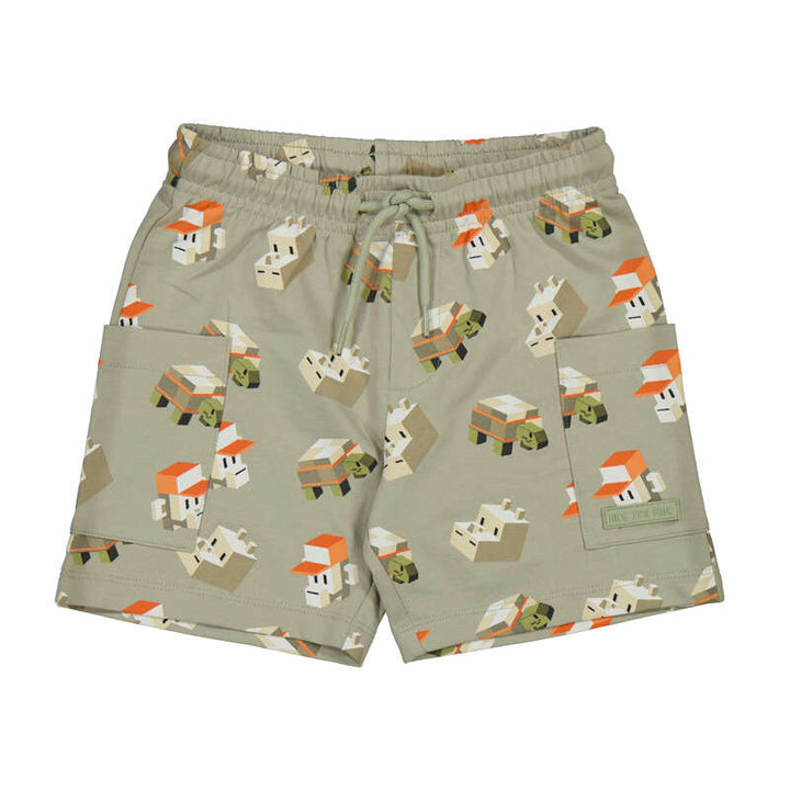 Shorts with pixelated cartoon character pattern on a white background