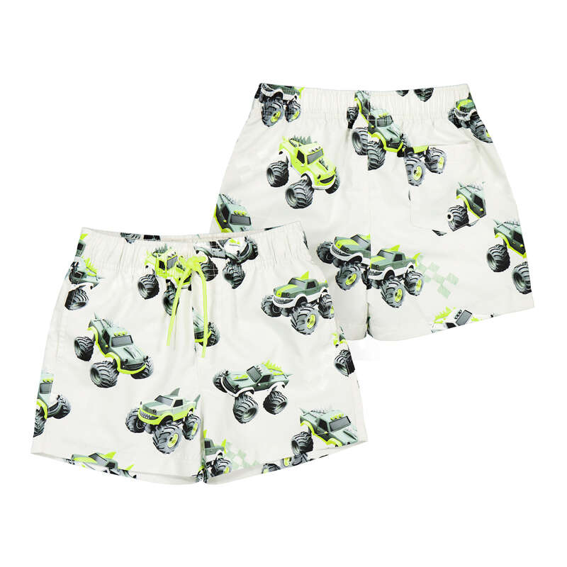 Children's swim shorts with monster truck pattern on a white background