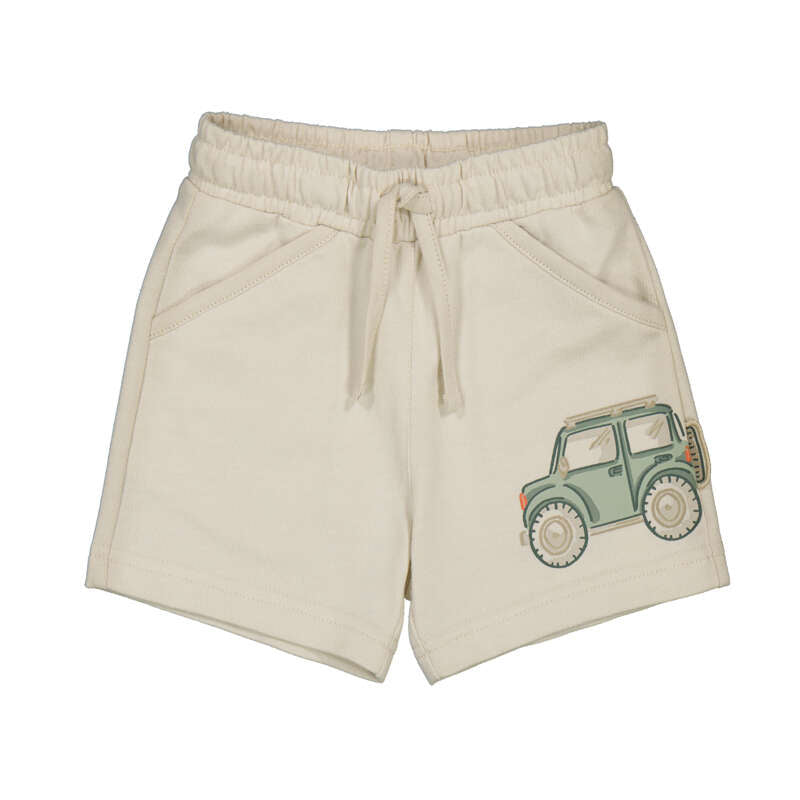 Beige shorts with a green car patch on a white background