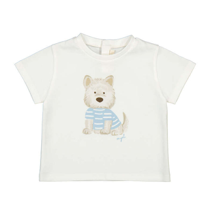 White t-shirt with a dog graphic wearing a striped shirt on a white background