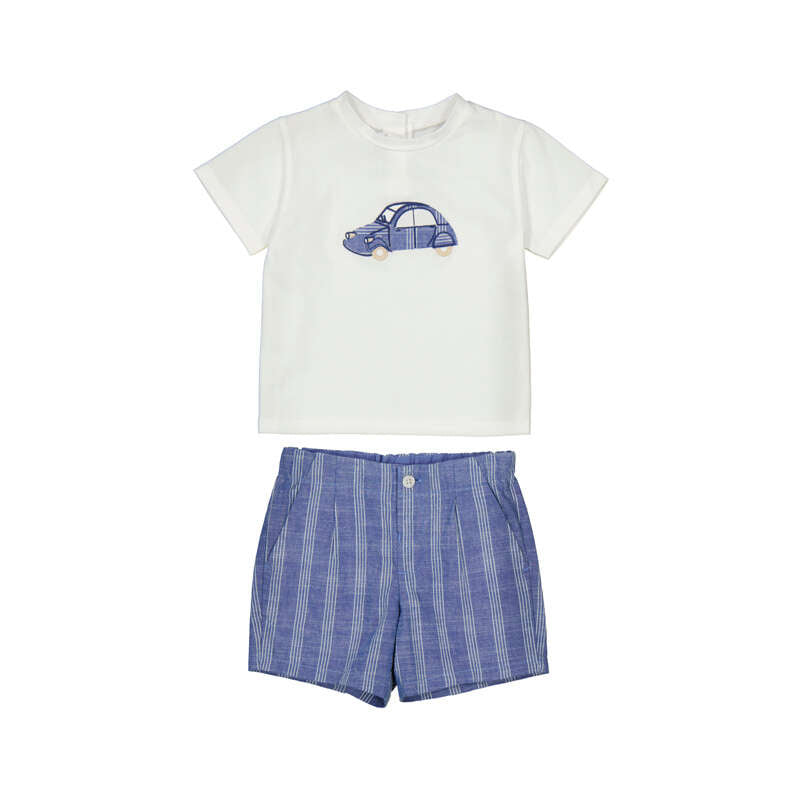 White t-shirt with blue car design and blue stripe shorts on a white background
