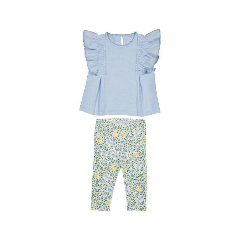 Light blue top and floral pants set on a white background
