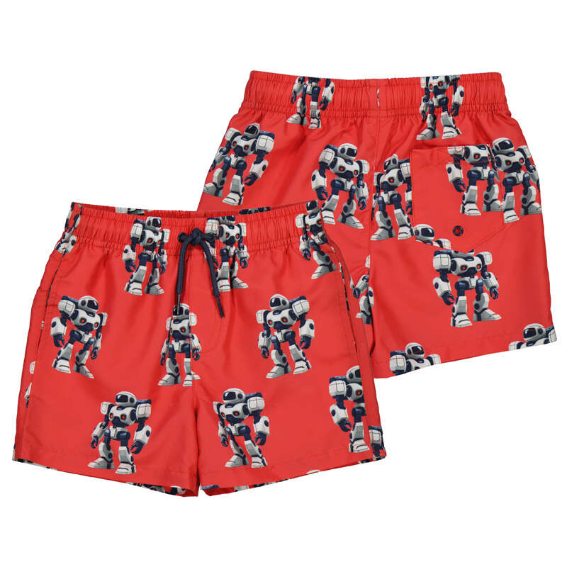 Red swim shorts with robot pattern on a white background
