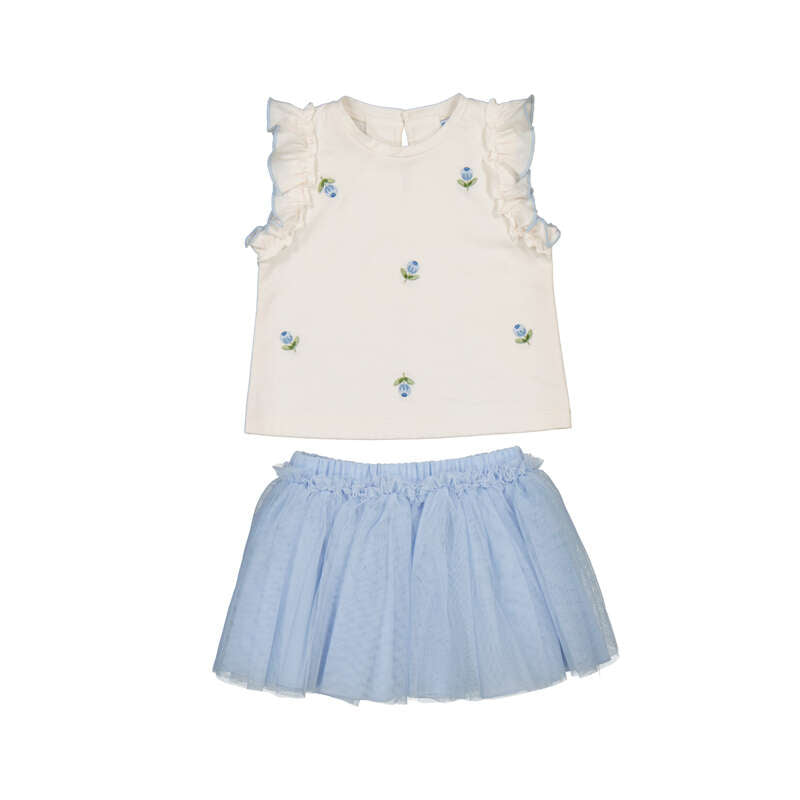 White top with ruffled sleeves and blue floral embroidery paired with a light blue tulle skirt on a white background.