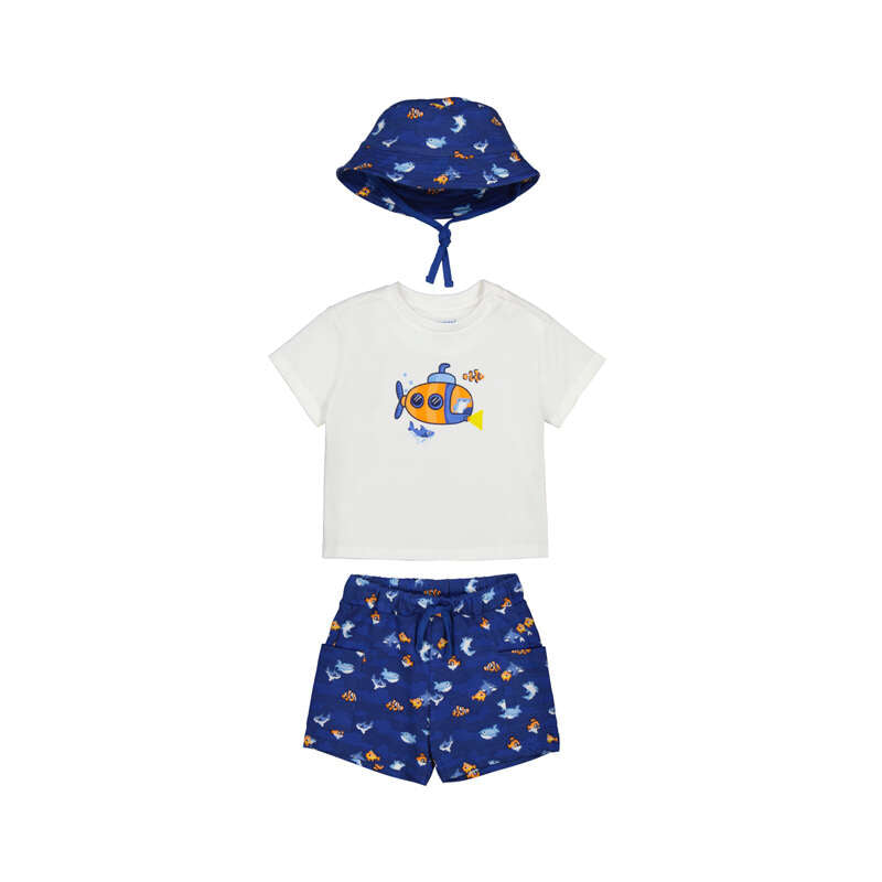 Children's outfit with white t-shirt, blue shorts, and navy hat featuring cartoon characters on a white background.