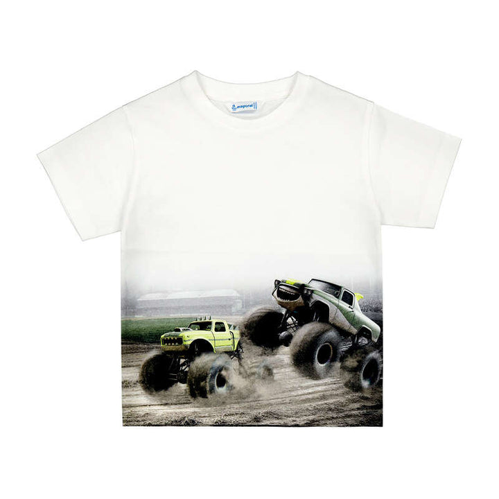 White t-shirt with a graphic of two off-road vehicles on a white background