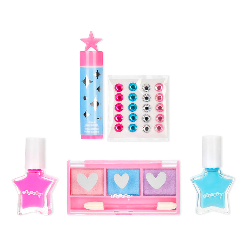 Iscream Glistening Beauty Set includes lip balm, nail polish, nail stickers, eye shadow.