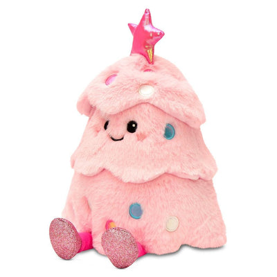 pink plush christmas tree with ink metallic star on top