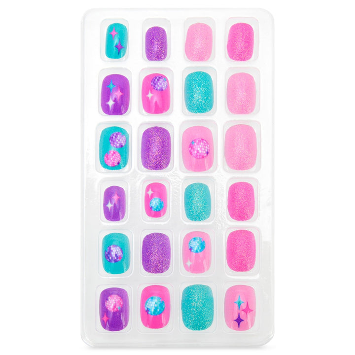 Set of colorful nail art stickers in a clear plastic case on a white background
