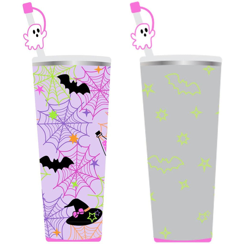 Glow in the tumbler: before the cup is lavender and you can see cobwebs and after the cup is gray with yellow bats and stars.  