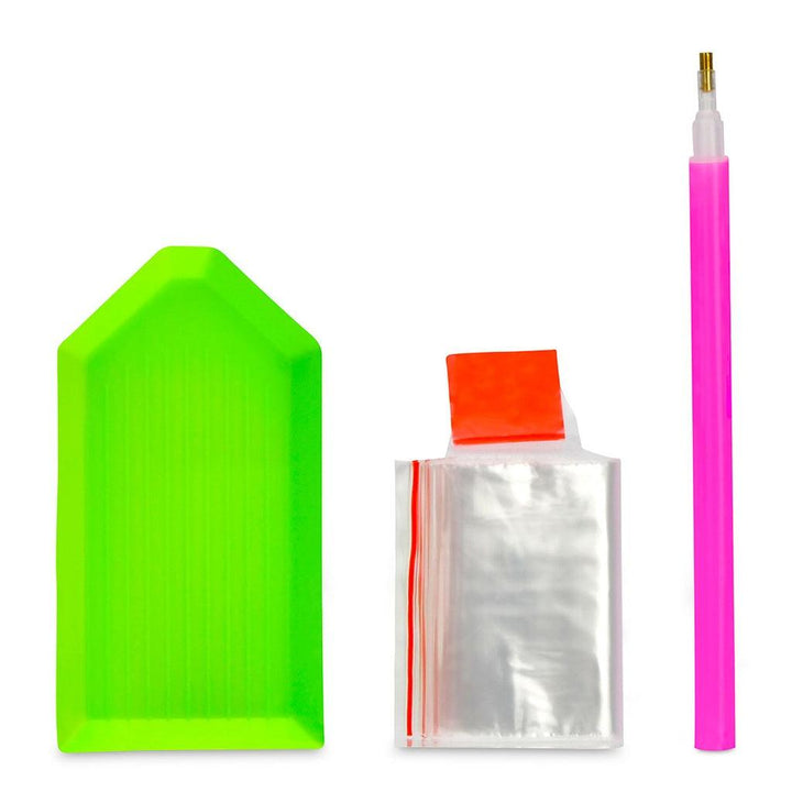 this picture shows the supplies needed to make the picture in the first slide. they comes with the kit. a special pen, glue and dish 