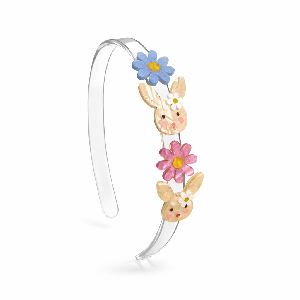 Headband with bunny and flower designs on a white background