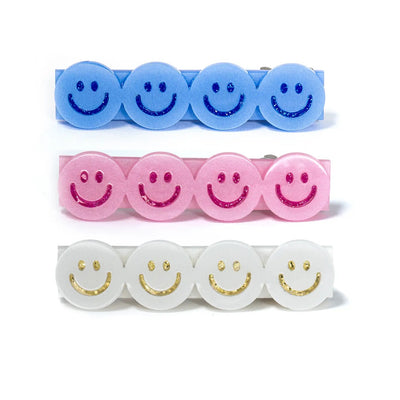 Happy Faces on Three Clips by Lilies and Roses. They are in colors blue, pink and white