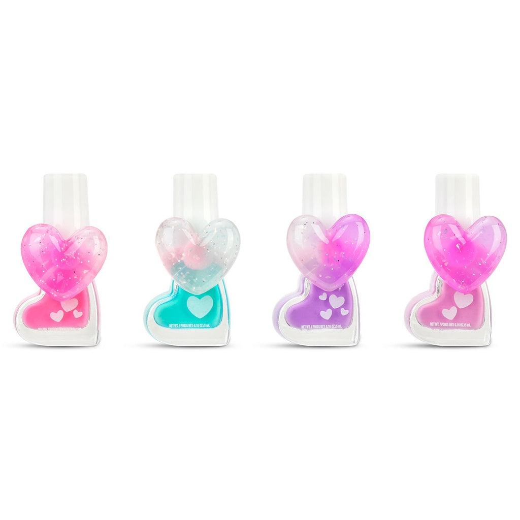 heart shaped nqail polish bottles: pink, purple, green and lavender nail polish 