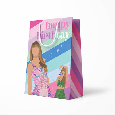 Gift Bag from Aspen Lane that features Taylor Swift Graphics  and states " Happy Birthtay"