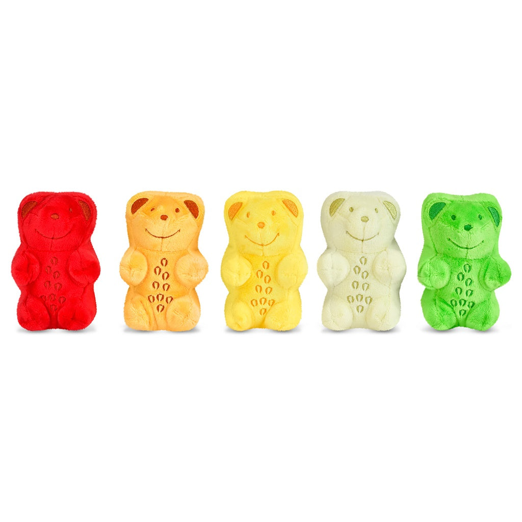 5 plush gummy bears: green, white, yellow, orange, red dolls. 