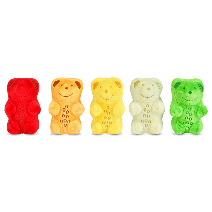 5 plush gummy bears: green, white, yellow, orange, red dolls. 