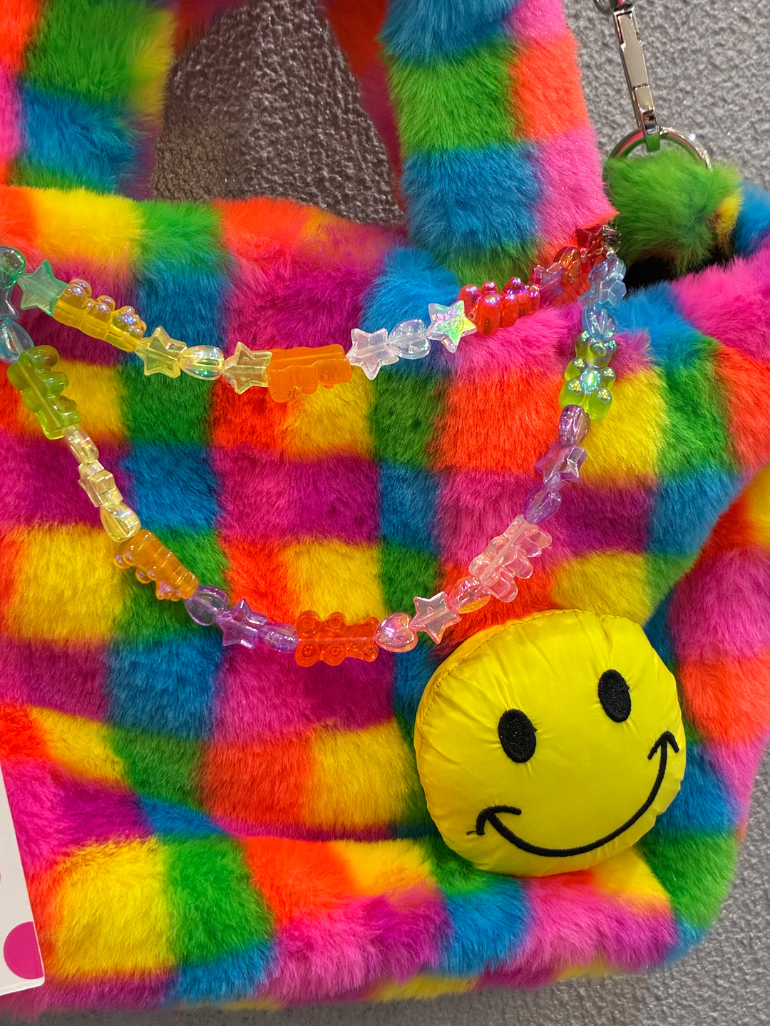 Handbag | Furry Multicolor Plaid Bag with Smiley Face | Bari Lynn Accessories