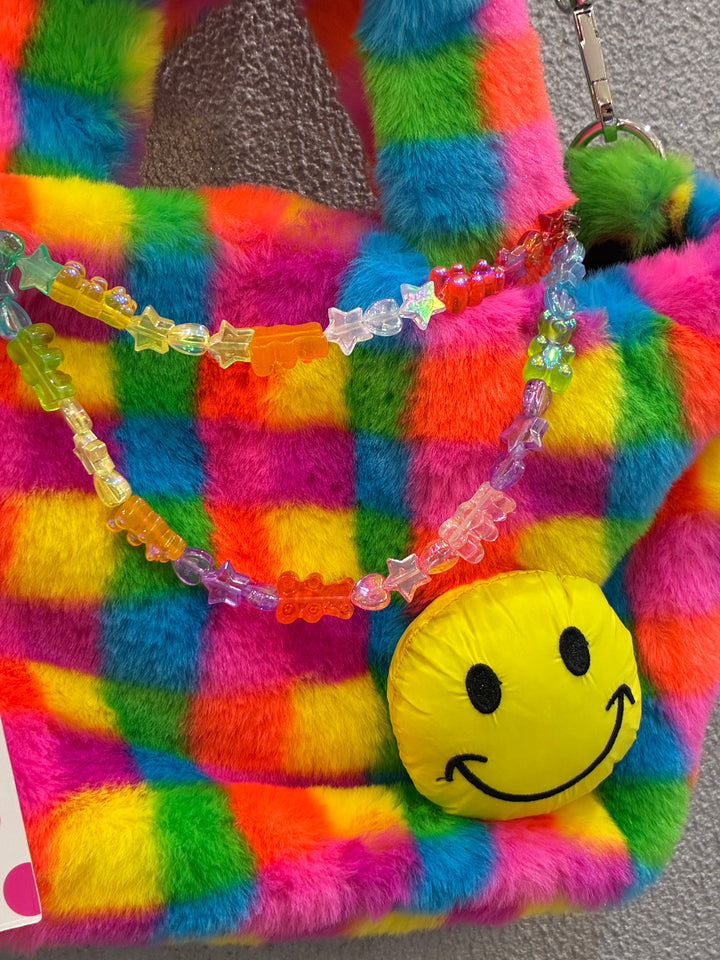 Handbag | Furry Multicolor Plaid Bag with Smiley Face | Bari Lynn Accessories