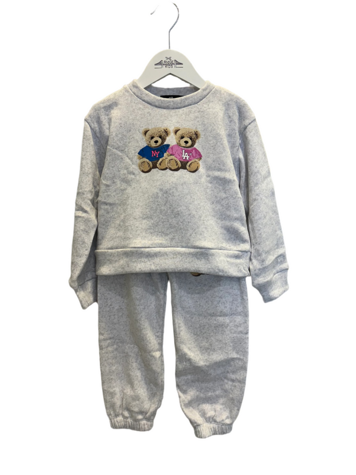 Children's gray sweatshirt and pants set with teddy bear design