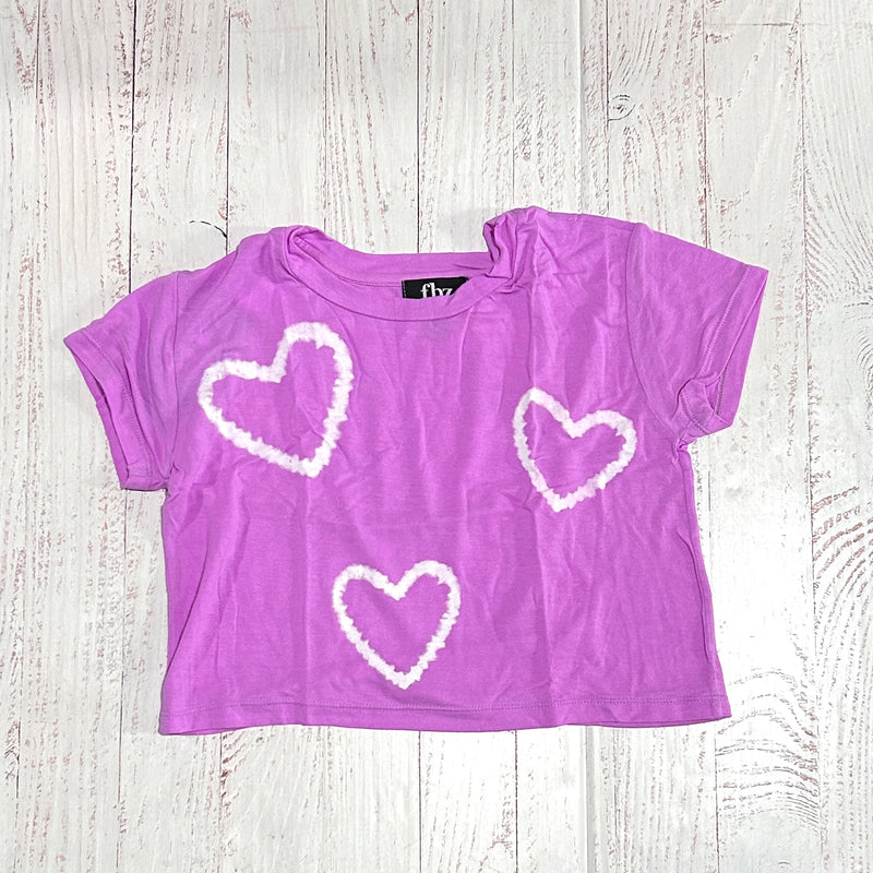 neon purple tee with white tie dye hearts on the front