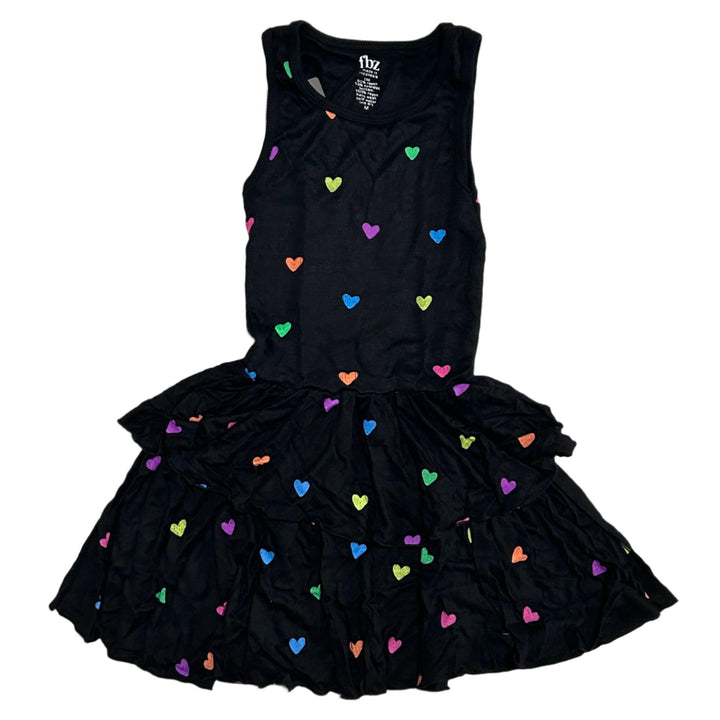 black dress with tank top and ruffled bottom. all over neon heart pattern