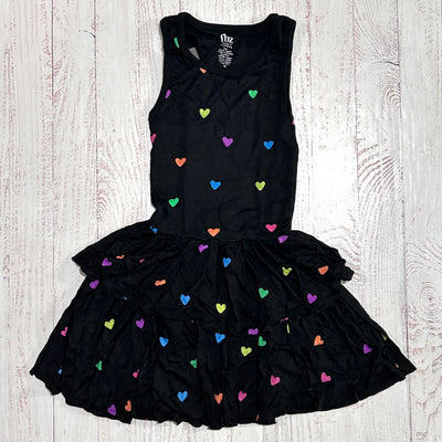 black dress with tank top and ruffled bottom. all over neon heart pattern