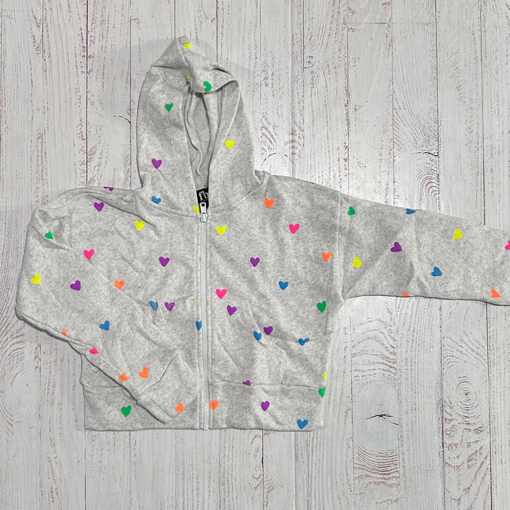 misty grey with all over neon hearts zip hoodie