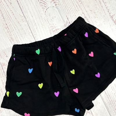 Tween Bottoms | Black Shorts with Drawstring - Neon Hearts | Flowers By Zoe