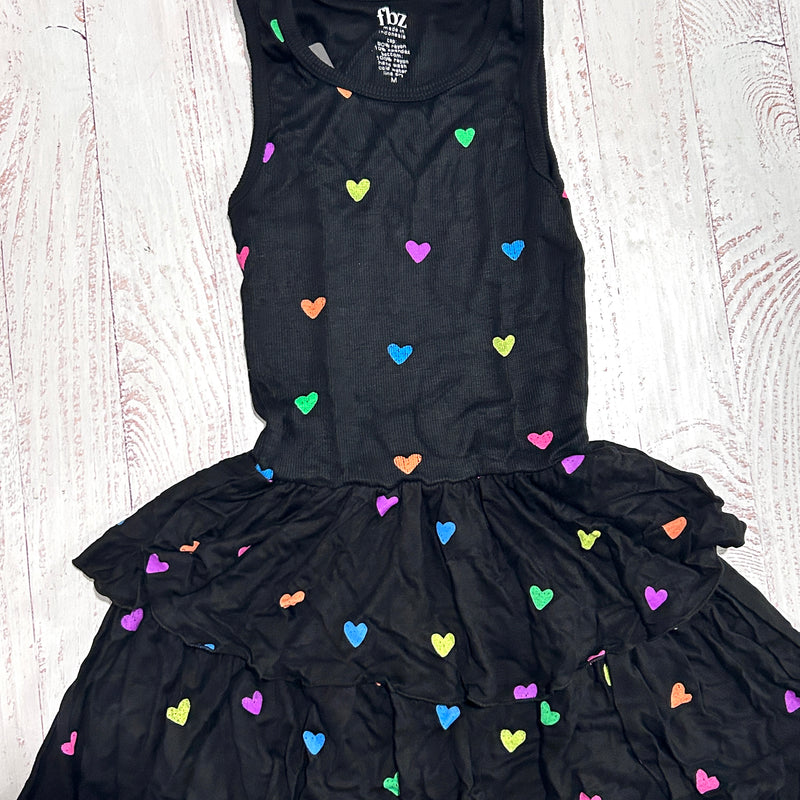 black dress with small neon hearts all over the dress tank top of the dress and ruffled bottom, two tiers of ruffles 