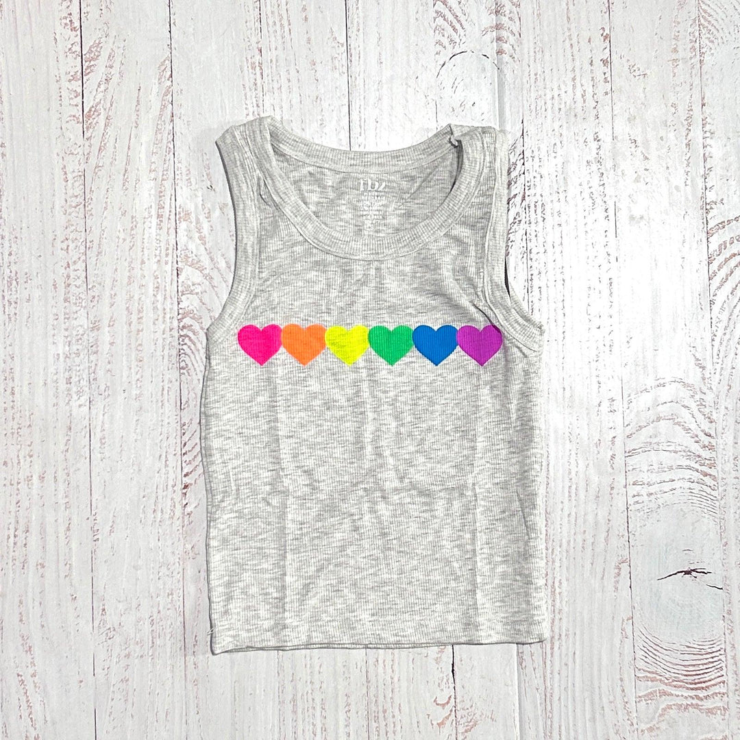 sleeveless grey tank with multi colored neon hearts across the chest. 